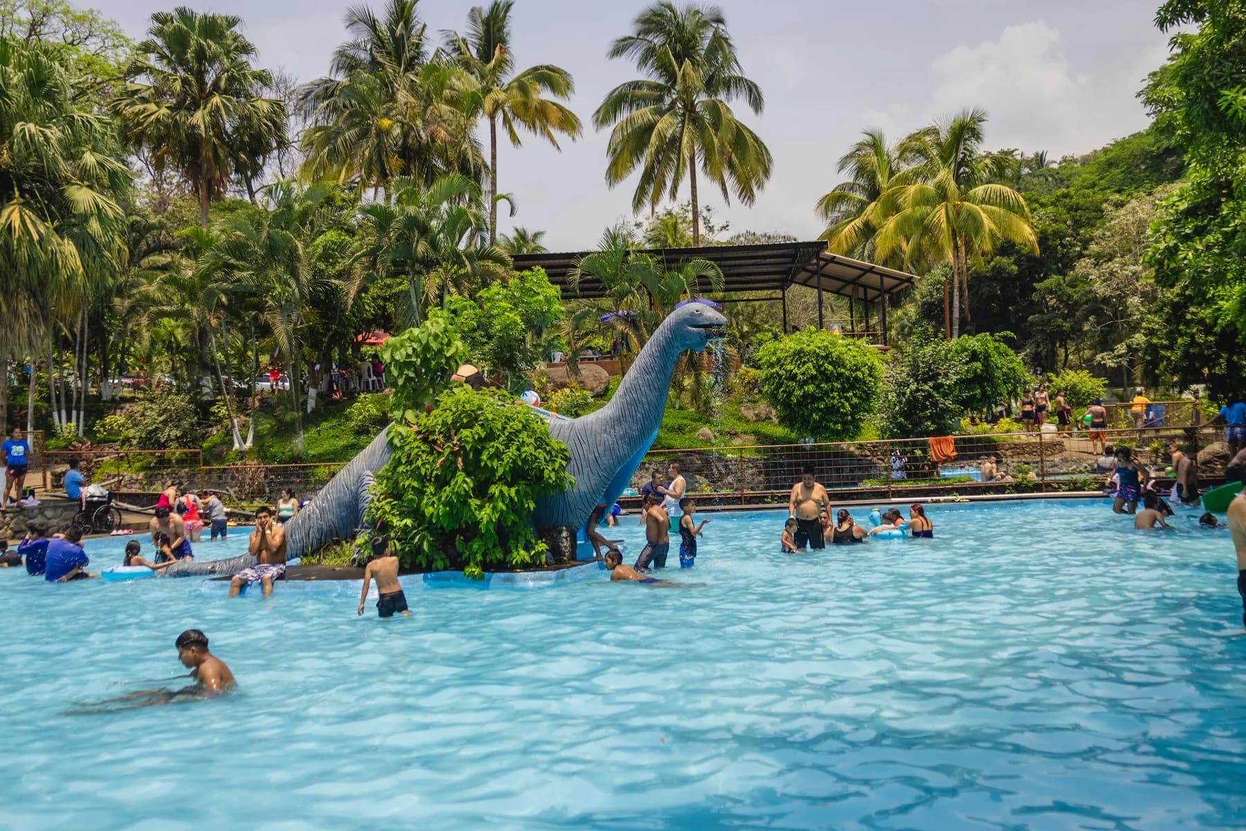 Piscina del dinosaurio de Aqua Park rodeada de palmeras
