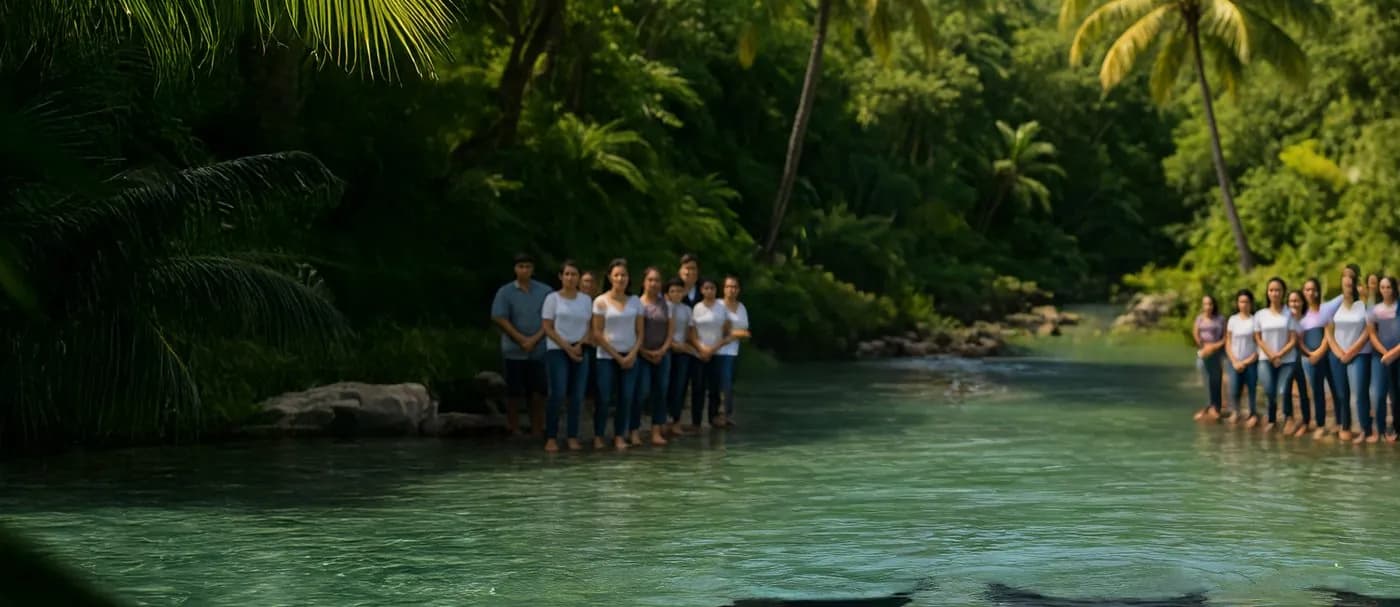 Grupo de personas en el río natural del parque durante un bautizo
